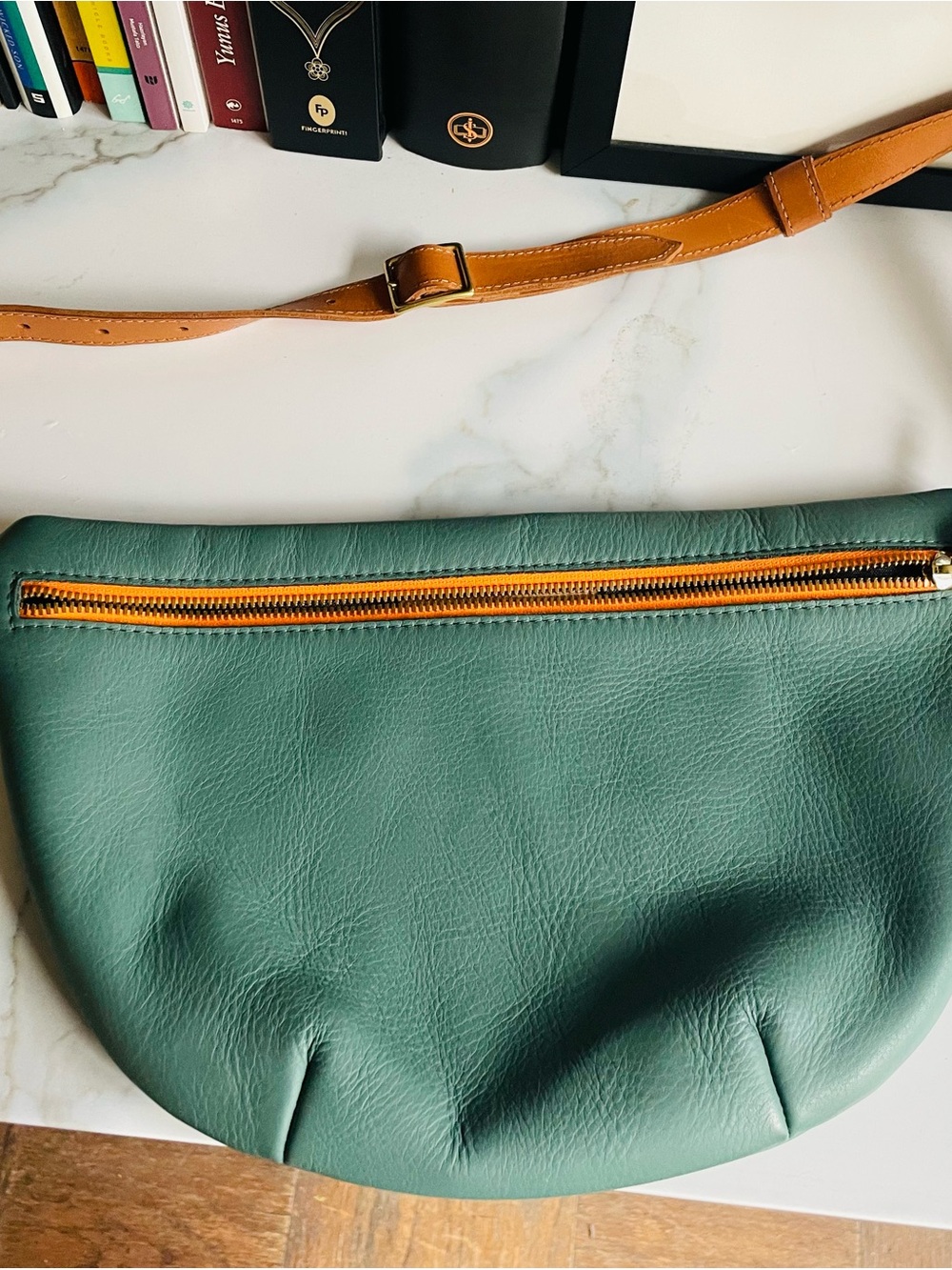 Clare V Grande Fanny with Tan Strap and Orange Zipper